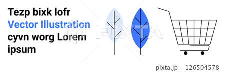 Shopping cart with two stylized leaves and placeholder text in black and blue. Ideal for eco-friendly e-commerce, sustainability, nature-themed promotions, online shopping, modern marketing, digital 126504578