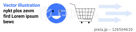 Blue happy face next to a shopping cart, with arrows pointing right symbolizing online shopping and progress. Ideal for e-commerce, digital transactions, user experience, customer satisfaction Blue happy face next to a shopping cart, with arrows pointing right symbolizing online shopping and progress. Ideal for e-commerce, digital transactions, user experience, customer satisfaction 126504610