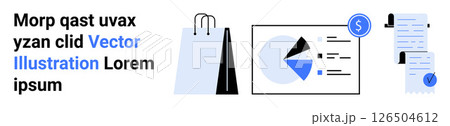 Shopping bag, pie chart, and receipts. Ideal for finance, business presentations, reports, e-commerce, budgeting, marketing analysis, financial planning Landing page Shopping bag, pie chart, and receipts. Ideal for finance, business presentations, reports, e-commerce, budgeting, marketing analysis, financial planning Landing page 126504612