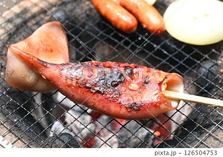 イカ焼き　バーベキュー　炭火でイカのぽっぽっ焼き 126504753