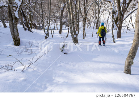 森の新雪をスノーシューで楽しむイメージ　大山木谷沢渓流 126504767
