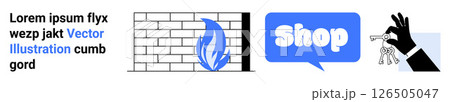 Set of graphical elements includes a brick wall blue flame shop text bubble and hand holding a key. Ideal for shopping security services online retail and home safety. Banner landing page Set of graphical elements includes a brick wall blue flame shop text bubble and hand holding a key. Ideal for shopping security services online retail and home safety. Banner landing page 126505047