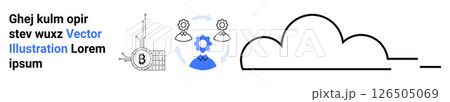 Gear with people, cloud, radio antenna, binary grid, and text. Ideal for technology, network, collaboration, cloud computing, innovation, digital solutions business Landing page 126505069