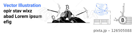 Pickaxes, Bitcoin symbol on rocks, blockchain network represented with nodes, data storage units, abstract bitcoin technology. Ideal for crypto education, blockchain infographics, fintech content Pickaxes, Bitcoin symbol on rocks, blockchain network represented with nodes, data storage units, abstract bitcoin technology. Ideal for crypto education, blockchain infographics, fintech content 126505088