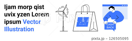 Wind turbine, shopping bag with recycling symbol, person holding cash back card in screen illustration. Ideal for e-commerce, renewable energy, sustainability, eco-friendly products, digital Wind turbine, shopping bag with recycling symbol, person holding cash back card in screen illustration. Ideal for e-commerce, renewable energy, sustainability, eco-friendly products, digital 126505095