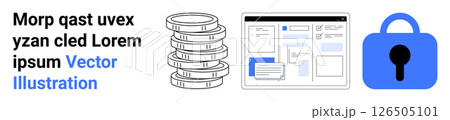 Stacked coins, data management interface, and padlock icon signifying financial security. Ideal for financial services, banking applications, data security, online transactions, cybersecurity 126505101