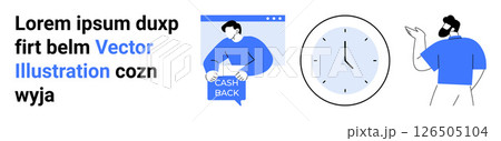 Man holding cashback board. Analog clock with marked hours. Person gesturing in conversation. Ideal for financial services, time management, customer interaction, business presentations, educational 126505104