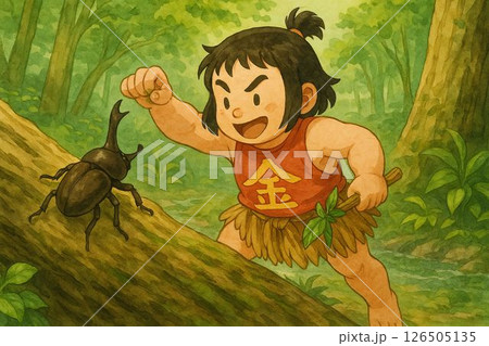 カブトムシを手づかみする金太郎 126505135