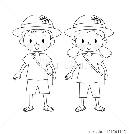 夏服を着たかわいい子供たちのイラスト　線画 126505145