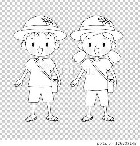 Illustration of cute children wearing summer clothes Line drawing 126505145