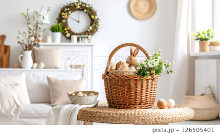 A cozy living room decorated for Easter with a basket of eggs and a bunny, flowers, and seasonal accents. A cozy living room decorated for Easter with a basket of eggs and a bunny, flowers, and seasonal accents. 126505401