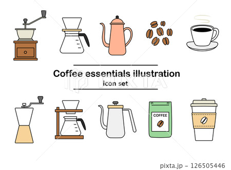 コーヒー器具と豆の線画イラストセット｜コーヒーミル ドリッパー