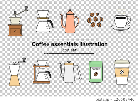 コーヒー器具と豆の線画イラストセット｜コーヒーミル ドリッパー カップ ポット 豆（カラー） 126505446