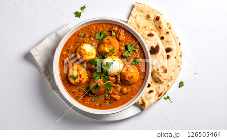 A flavorful egg curry with chickpeas and naan bread in a bowl, served on a white background with a napkin. 126505464