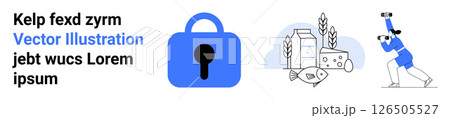 Blue padlock symbolizing security, milk and cheese for food consumption, and a person with binoculars representing observation. Ideal for technology, food safety, research, security, business 126505527