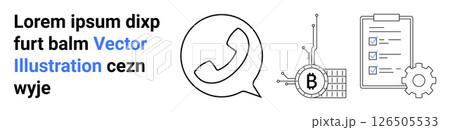 Black and blue text, telephone icon, blockchain symbol, checklist on clipboard, and gear. Ideal for business communication, blockchain technology, project management, web development, mobile apps Black and blue text, telephone icon, blockchain symbol, checklist on clipboard, and gear. Ideal for business communication, blockchain technology, project management, web development, mobile apps 126505533