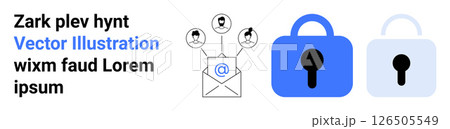Envelope with user icons and symbol representing email. Blue and grey padlocks symbolizing security. Ideal for email marketing, data protection, cybersecurity tips, privacy policies, secure 126505549