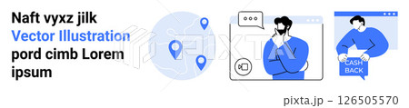 Map with location pins, male character thinking, and person with cashback sign. Ideal for business planning, marketing strategies, financial services, online stores, customer engagement, geographic 126505570