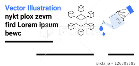 Geometric cube pattern alongside a hand pouring water. Ideal for innovation, creativity, growth, education, technology, digital design, business strategy themes. Black and blue color elements 126505585