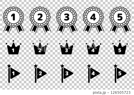 Ranking icon set monochrome medals, crowns and flags up to 5th place Ranking icon set monochrome medals, crowns and flags up to 5th place 126505723