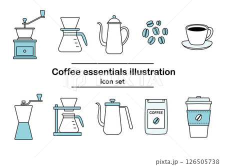 コーヒー器具と豆の線画イラストセット｜コーヒーミル ドリッパー カップ ポット 豆（カラー） 126505738