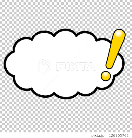 テカリ有る黄色いビックリマーク付きの口無しの横長雲型の吹き出し 126505762