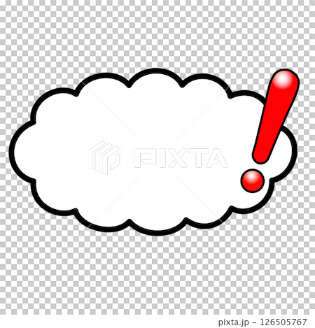 A glossy red exclamation mark and a horizontal cloud-shaped speech bubble with no mouth A glossy red exclamation mark and a horizontal cloud-shaped speech bubble with no mouth 126505767