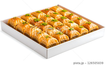 A white box filled with rows of sweet, golden baklava pieces topped with crushed pistachios. A white box filled with rows of sweet, golden baklava pieces topped with crushed pistachios. 126505839