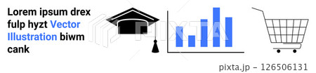 Black graduation cap representing education, blue bar chart indicating data analysis, and a shopping cart symbolizing e-commerce. Ideal for educational content, business analytics, e-learning Black graduation cap representing education, blue bar chart indicating data analysis, and a shopping cart symbolizing e-commerce. Ideal for educational content, business analytics, e-learning 126506131