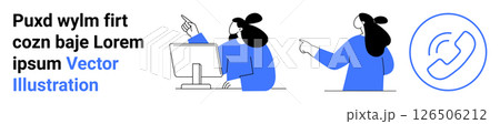 Two people interacting about a computer screen, gesturing to each other, and to text. Circular contact icon with phone symbol. Ideal for tech support, teamwork, communication apps, business services Two people interacting about a computer screen, gesturing to each other, and to text. Circular contact icon with phone symbol. Ideal for tech support, teamwork, communication apps, business services 126506212