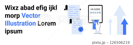 Documents, clipboard with checkmark, HS code entry, growing arrows. Ideal for business, finance, verification, data, analysis growth planning Landing page 126506219