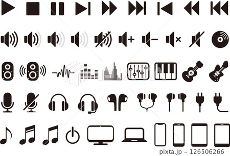 音楽やサウンド系のアイコンセット　モノクロ　シンプル 126506266