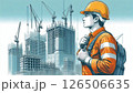 建設現場で働く人　黄色ヘルメット　青基調　横長 126506635