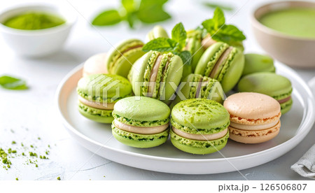 Delicious green matcha and peach macarons on a white plate, with matcha powder and liquid in bowls. Delicious green matcha and peach macarons on a white plate, with matcha powder and liquid in bowls. 126506807