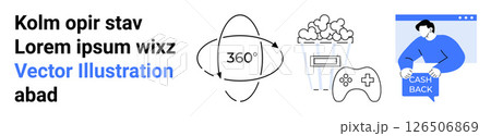 Minimalist design with 360-degree rotation, popcorn, gaming controller, cash back. Ideal for tech presentations, gaming blog, e-commerce, movie promos, financial apps, user manuals, educational 126506869