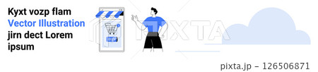 Man gesturing beside mobile phone representing online shop with blue shopping cart icon and buy button. Ideal for e-commerce, digital marketing, online stores, mobile apps, web design, user 126506871