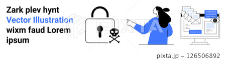 Woman in blue pointing at computer screen displaying cybersecurity details, large padlock with skull. Ideal for cybersecurity, online safety, data protection, digital threats, presentations 126506892