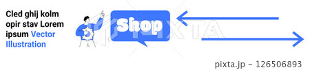 A person with a pointing gesture, accompanied by a speech bubble with the word Shop and two directional arrows. Ideal for online stores, e-commerce websites, digital marketing, call to action 126506893