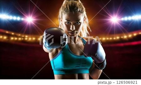 ボクシングをする女性 ファイティングポーズ AI生成素材 ボクシングをする女性 ファイティングポーズ AI生成素材 126506921