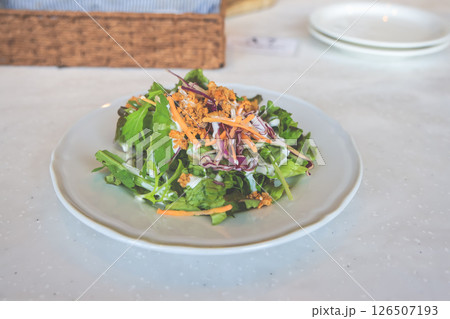 Salad with Mixed Greens and Dressing on White Plate Salad with Mixed Greens and Dressing on White Plate 126507193