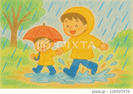 雨の日の親子と水たまり 雨の日の親子と水たまり 126507479