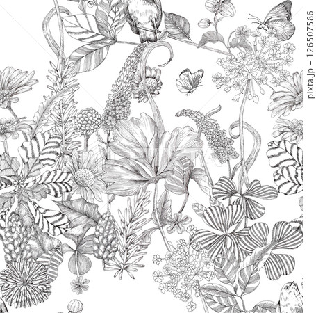 Whimsical Handmade Scroll Floral Design Sketch Graphics 126507586