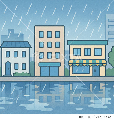 雨の街並みと水たまり 126507652