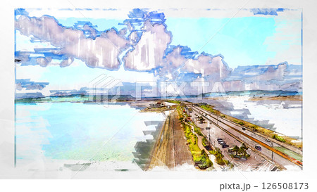 スケッチ風 スケッチ 風景 キレイ 俯瞰 ドローン写真 上空 空 山 空中 浮遊 幻想的 ドローン 126508173