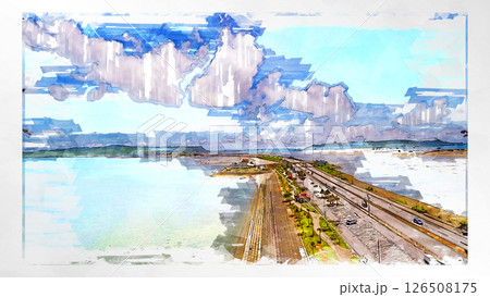 スケッチ風 スケッチ 風景 キレイ 俯瞰 ドローン写真 上空 空 山 空中 浮遊 幻想的 ドローン 126508175