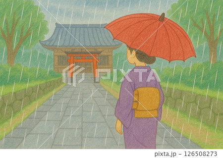 雨の日の神社と和服の女性 126508273