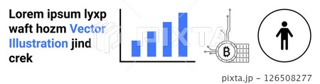 Blue bar chart, computer chip with Bitcoin symbol, person icon in circle. Ideal for finance, data analytics, cryptocurrency, business presentations, tech innovation, digital marketing, educational 126508277