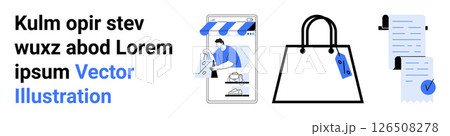 Smartphone with storefront and person shopping, shopping bag with tag, receipts with pen and signature. Ideal for e-commerce, online shopping, retail, transactions, mobile apps, marketing, digital 126508278