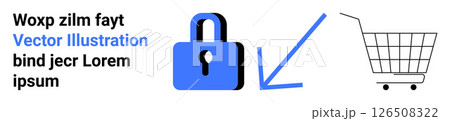 Blue lock symbol next to a shopping cart with placeholder text. Ideal for online security, e-commerce, data protection, digital transactions, and cybersecurity. Banner for landing page 126508322