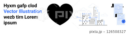 Black heart icon, detailed cityscape with skyscrapers, and official documents with blue checkmark. Ideal for websites, apps, infographics, advertisements, brochures, presentations, blogs, and landing 126508327